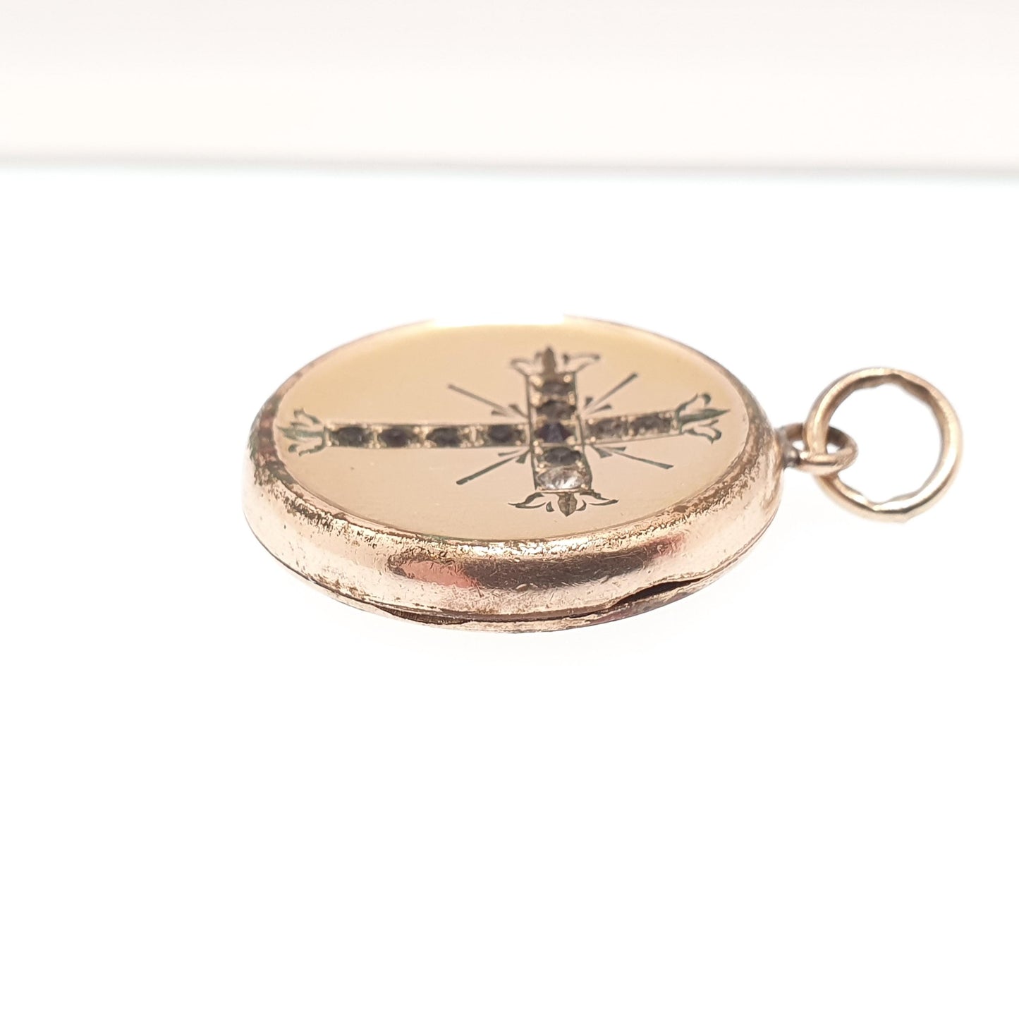 Antique Rolled Gold Filled Crucifix Paste Locket Cross Round Necklace Pendant Circle Photo Womens Vintage Jewelry Jewellery