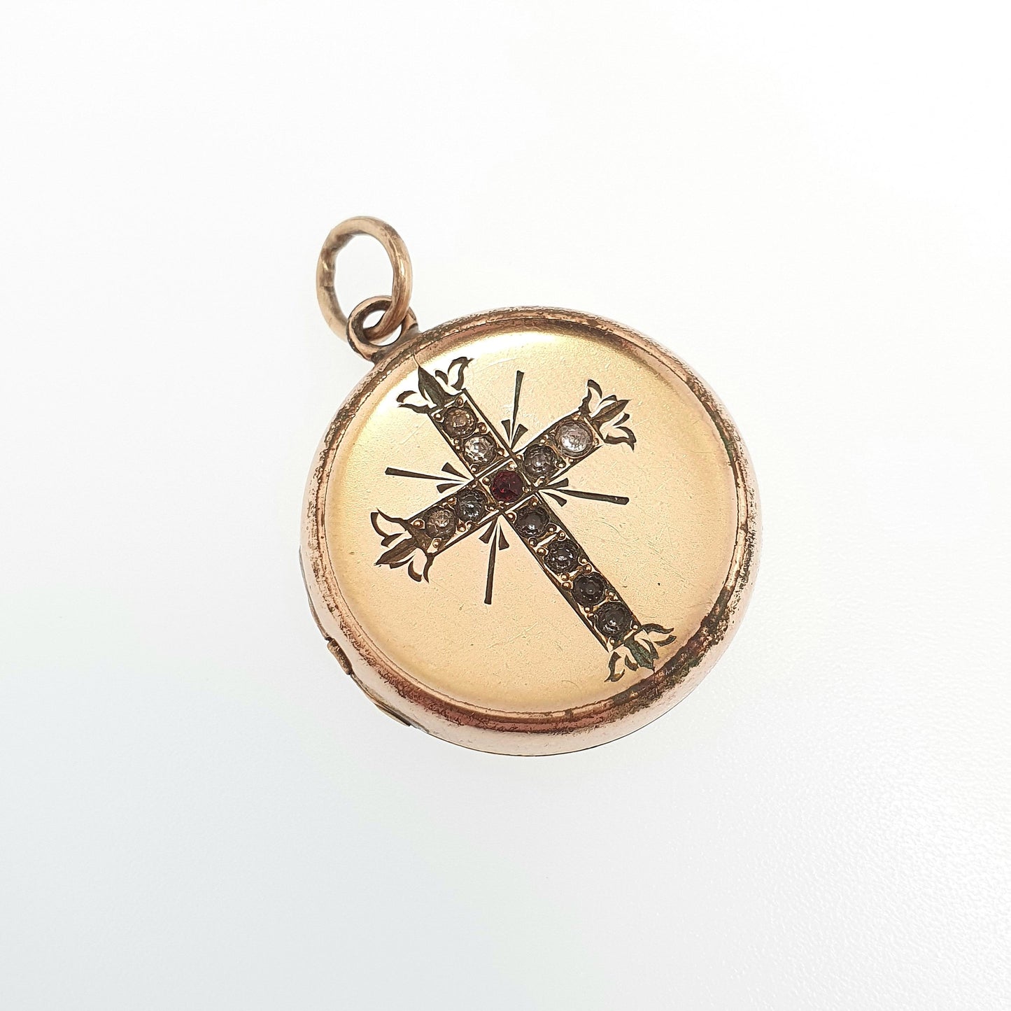 Antique Rolled Gold Filled Crucifix Paste Locket Cross Round Necklace Pendant Circle Photo Womens Vintage Jewelry Jewellery