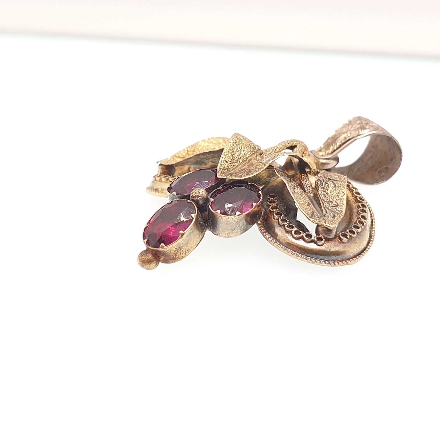 Antique Georgian 15ct Gold Garnet Pendant Necklace Solid 15kt 625 Grapevine Grape Etruscan Foiled Gemstone Vintage