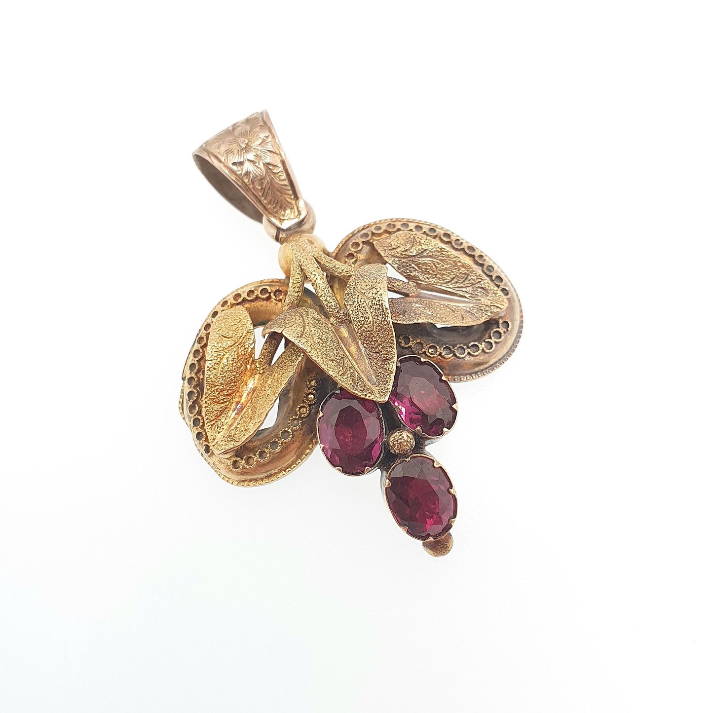Antique Georgian 15ct Gold Garnet Pendant Necklace Solid 15kt 625 Grapevine Grape Etruscan Foiled Gemstone Vintage