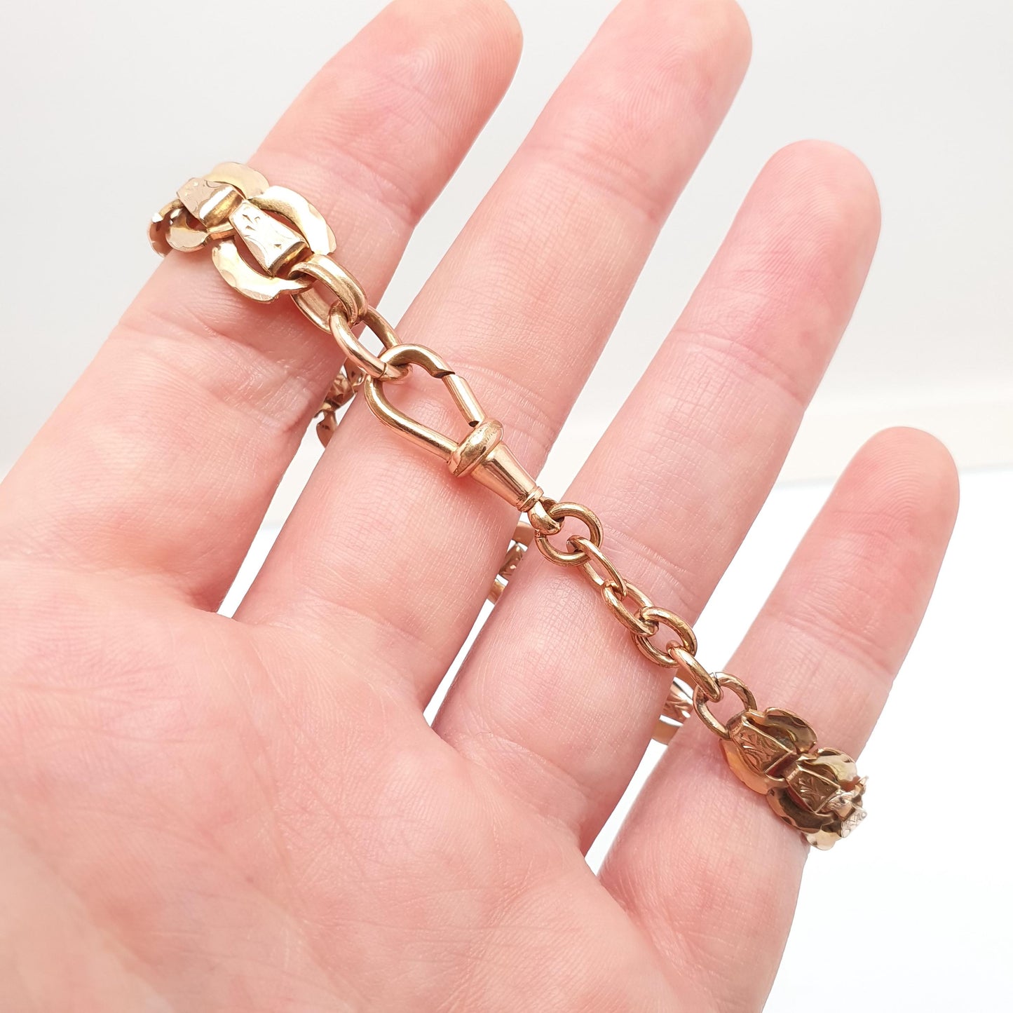 Antique Rolled Rose Gold Albert Chain Bracelet French Victorian Gold Filled Dog Clip Curb Link 20cm 14.03g Jewelry Jewellery Womens