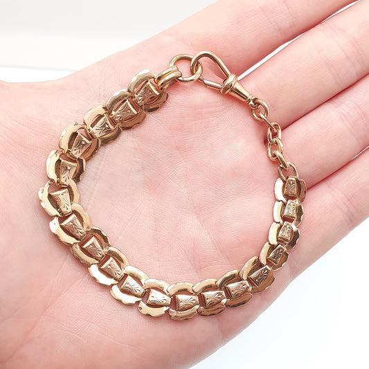 Antique Rolled Rose Gold Albert Chain Bracelet French Victorian Gold Filled Dog Clip Curb Link 20cm 14.03g Jewelry Jewellery Womens