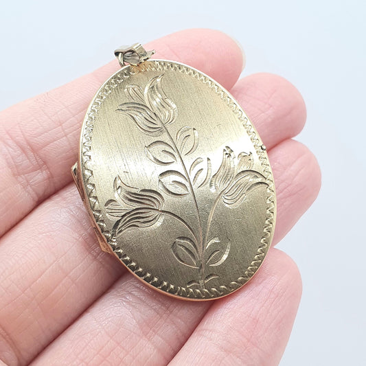 Vintage Rolled Gold Oval Locket Large Flower Engraved Gold Filled Womens Pendant Necklace Ladies Jewellery Jewelry