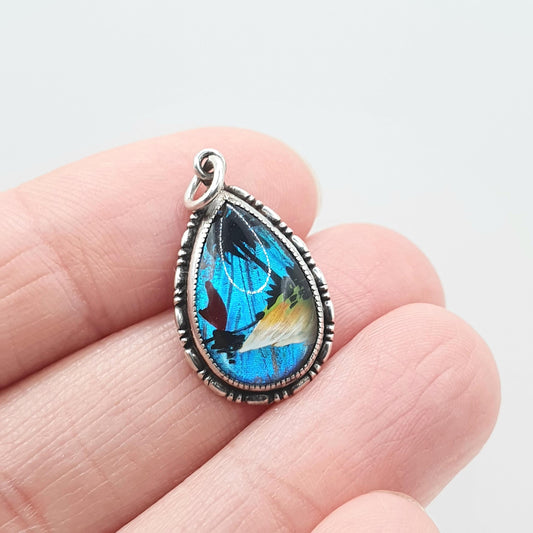 Antique Art Deco Sterling Silver Butterfly Wing Pendant Hand Painted Beach Scene Morpho Blue Insect Bug Necklace Jewelry Jewellery Womens