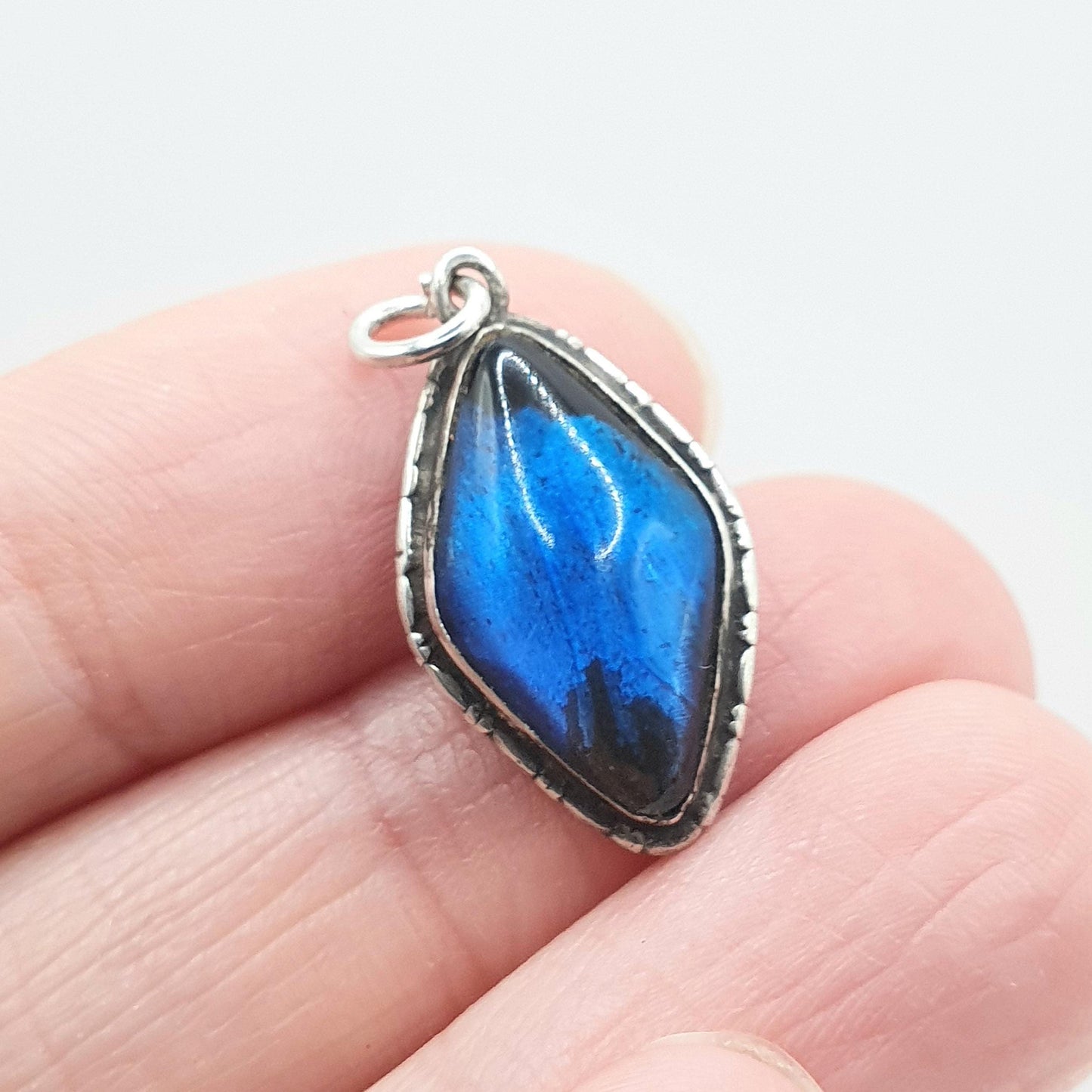 Antique Art Deco Sterling Silver Butterfly Wing Pendant Morpho Blue Kite Shape Insect Bug Womens Necklace Jewelry Jewellery