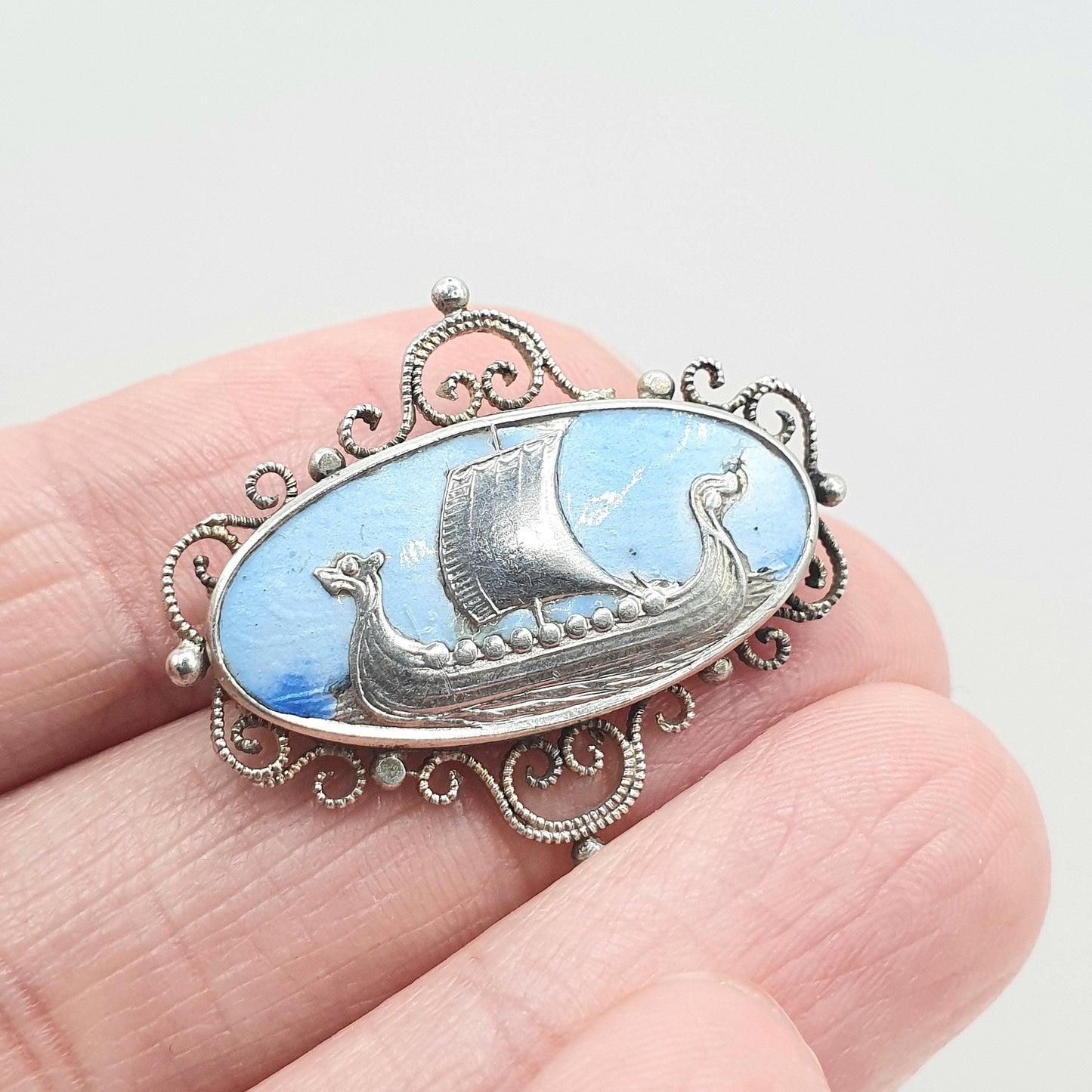 Antique Solid Silver Viking Longship Blue Enamel Brooch Scandinavian Ship Boat Nautical '830S' Art Deco Vintage Unisex Jewelry Jewellery