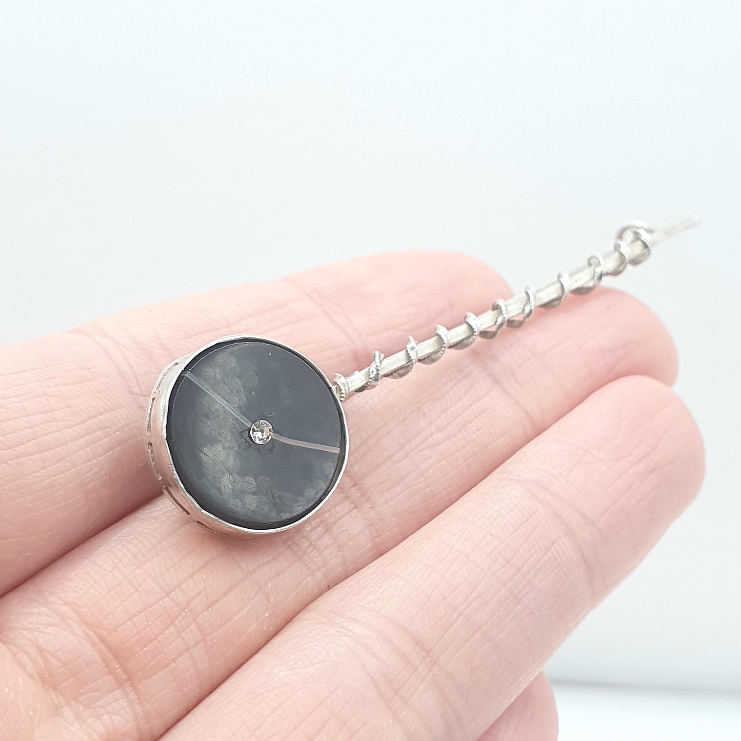 Antique Victorian Solid Silver Humbug Agate Brooch Diamond Paste Centre Striped Black Quartz Twist Pin Ladies Womens Jewelry Jewellery