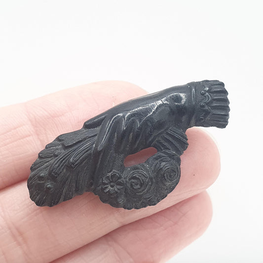 Antique Victorian Bog Oak Hand Brooch Flower Wreath Mourning Black Friendship Family Jewellery Unisex Jewelry Jewellery