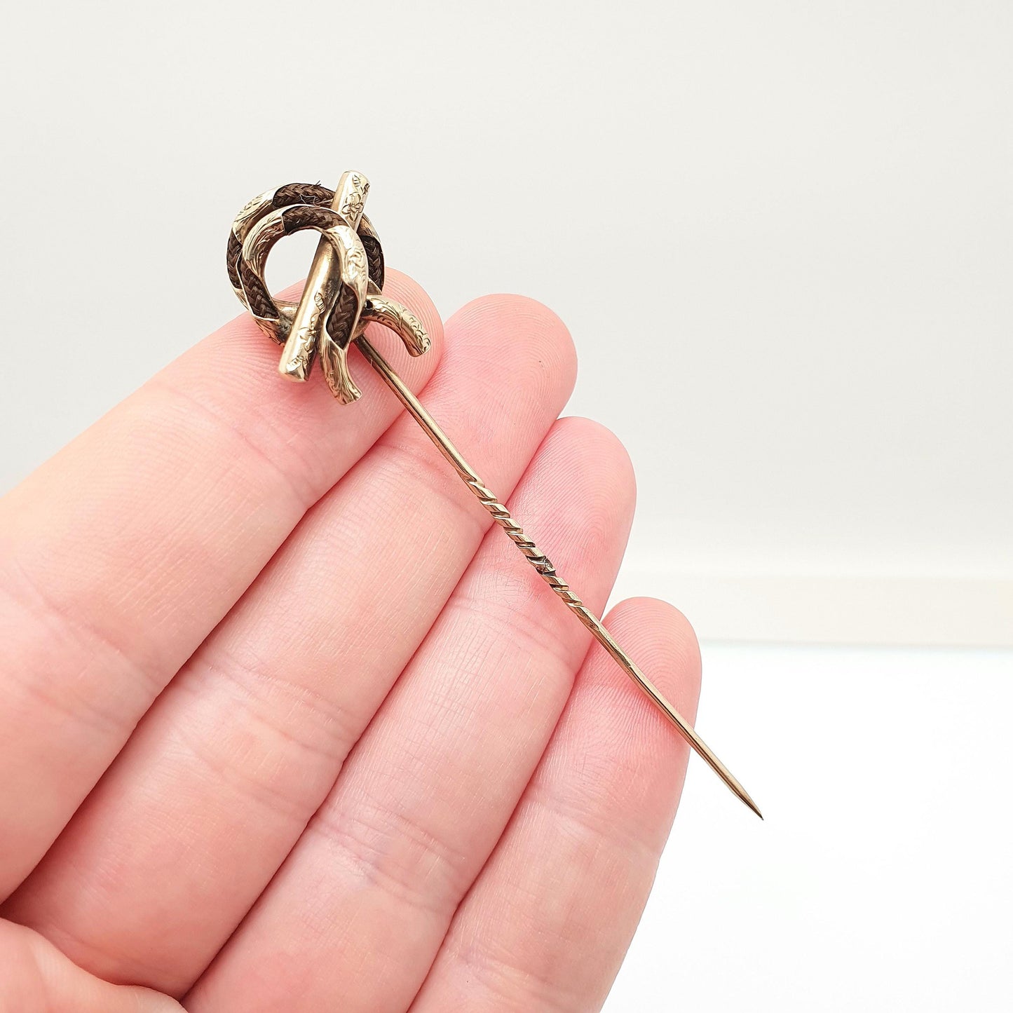 RESERVED/SOLD DON Antique 9ct Gold Mourning Knot Stick Pin Victorian Braided Hair Solid 9k 375 9kt