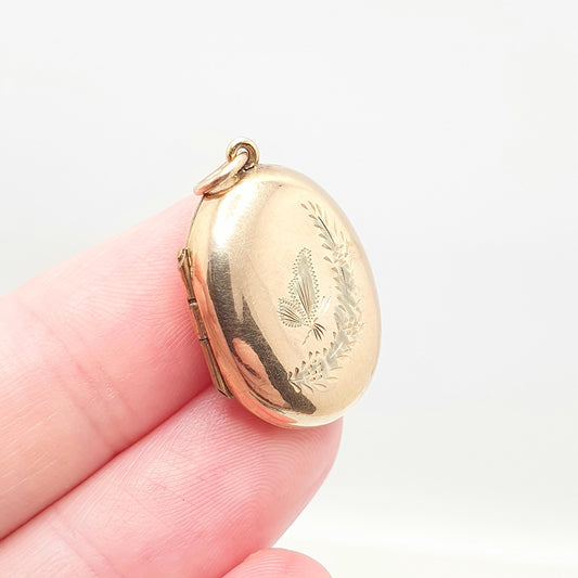 Antique 9ct Gold Butterfly Locket Oval Yellow Solid 9k 375 Back & Front Engraved Cute Pendant Necklace Jewelry Womens Jewellery