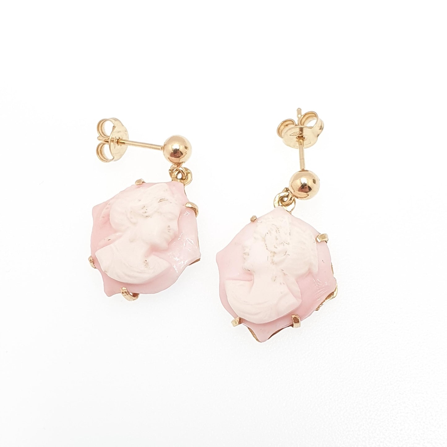 Vintage 18ct 18k Gold Cameo Earrings Pink Conch Shell Hand Carved Solid 750 18kt Italian Handmade Jewellery Jewelry