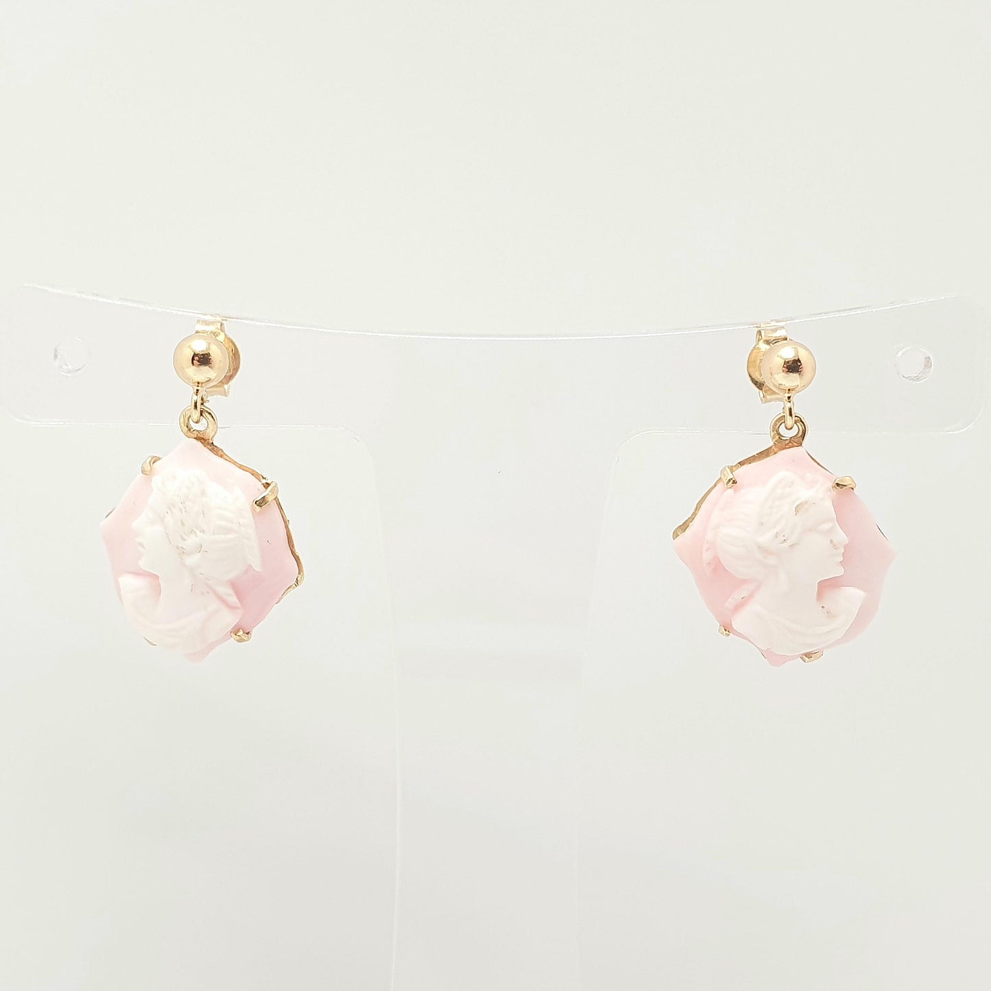 Vintage 18ct 18k Gold Cameo Earrings Pink Conch Shell Hand Carved Solid 750 18kt Italian Handmade Jewellery Jewelry