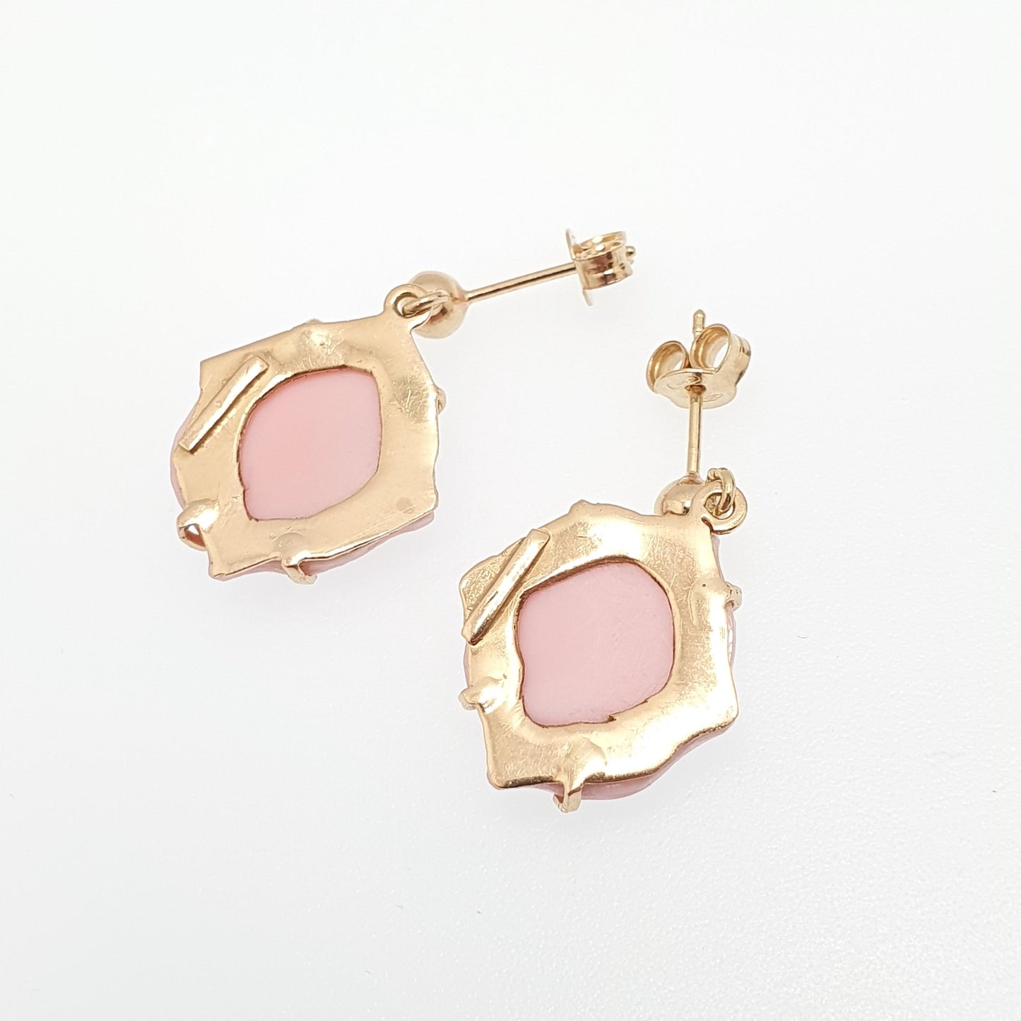 Vintage 18ct 18k Gold Cameo Earrings Pink Conch Shell Hand Carved Solid 750 18kt Italian Handmade Jewellery Jewelry