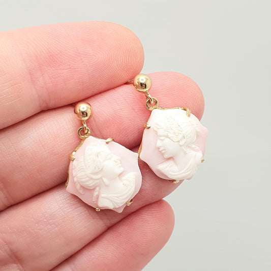 Vintage 18ct 18k Gold Cameo Earrings Pink Conch Shell Hand Carved Solid 750 18kt Italian Handmade Jewellery Jewelry