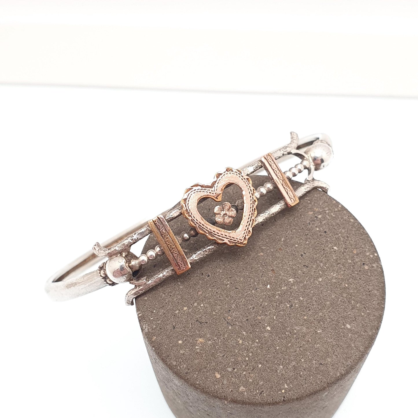 Antique Victorian Solid Silver Heart Bangle Rolled Gold Front Bracelet 1800s Sweetheart Love Vintage Jewelry Jewellery