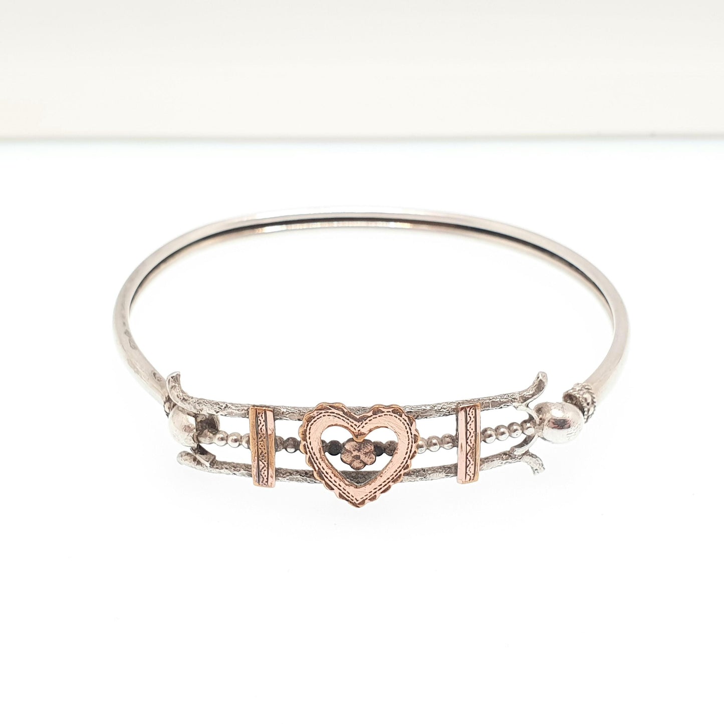 Antique Victorian Solid Silver Heart Bangle Rolled Gold Front Bracelet 1800s Sweetheart Love Vintage Jewelry Jewellery
