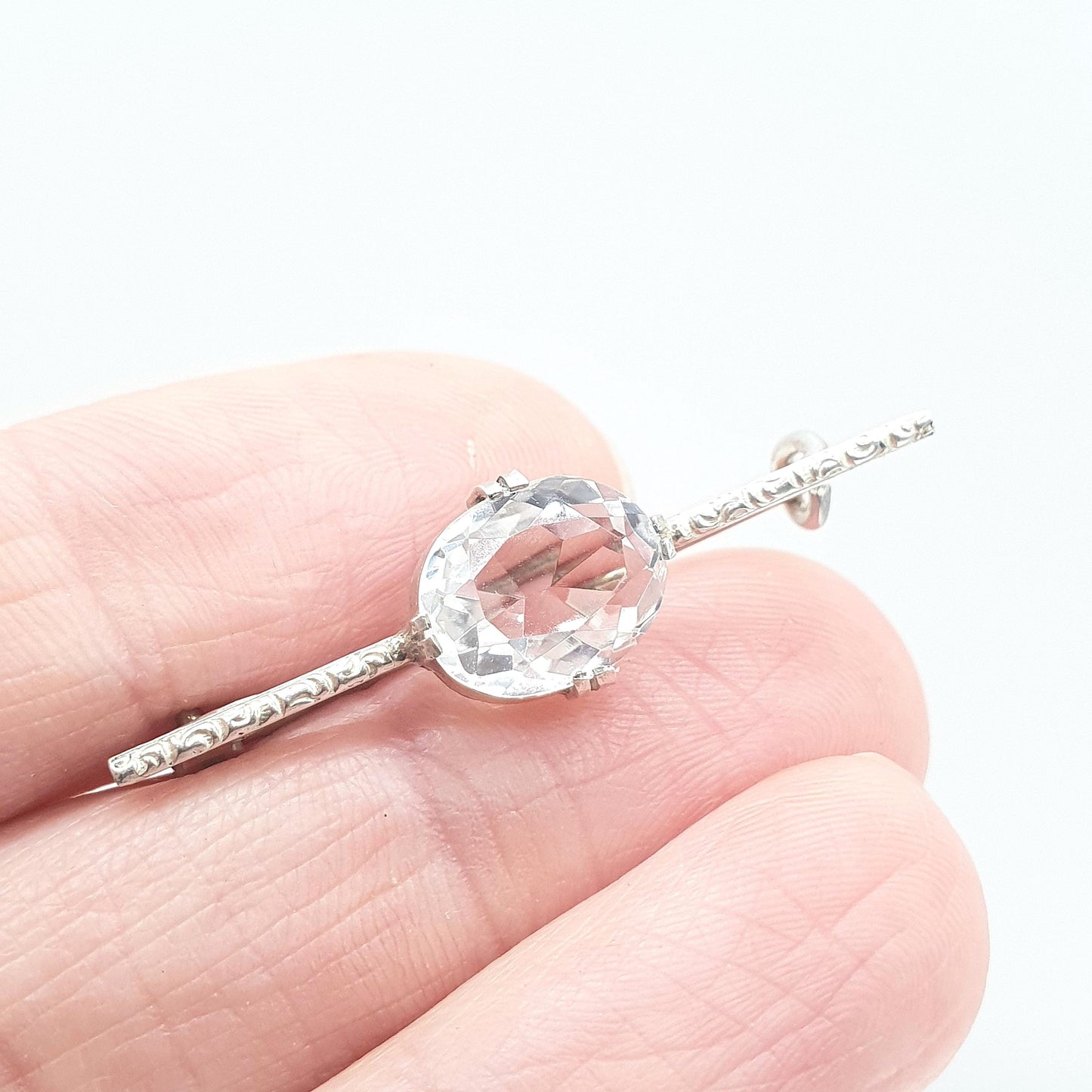 Antique Solid Silver Rock Crystal Brooch Oval Cut White Quartz Bar Pin 1910s Womens Unisex Jewelry Jewellery Vintage