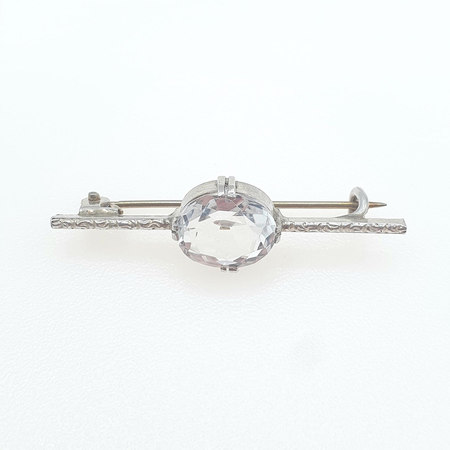 Antique Solid Silver Rock Crystal Brooch Oval Cut White Quartz Bar Pin 1910s Womens Unisex Jewelry Jewellery Vintage