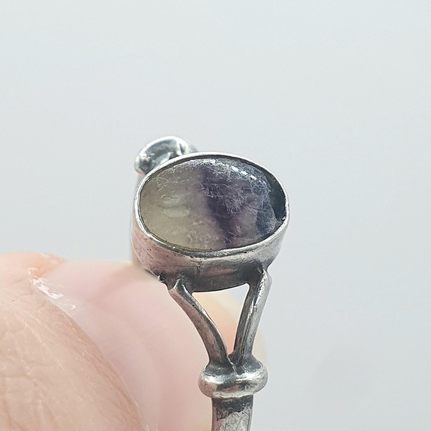 Vintage Sterling Silver Blue John Ring Oval Cabochon Signet Fluorite Gemstone Bleu Jaune Rare Gemstone Jewelry Jewellery