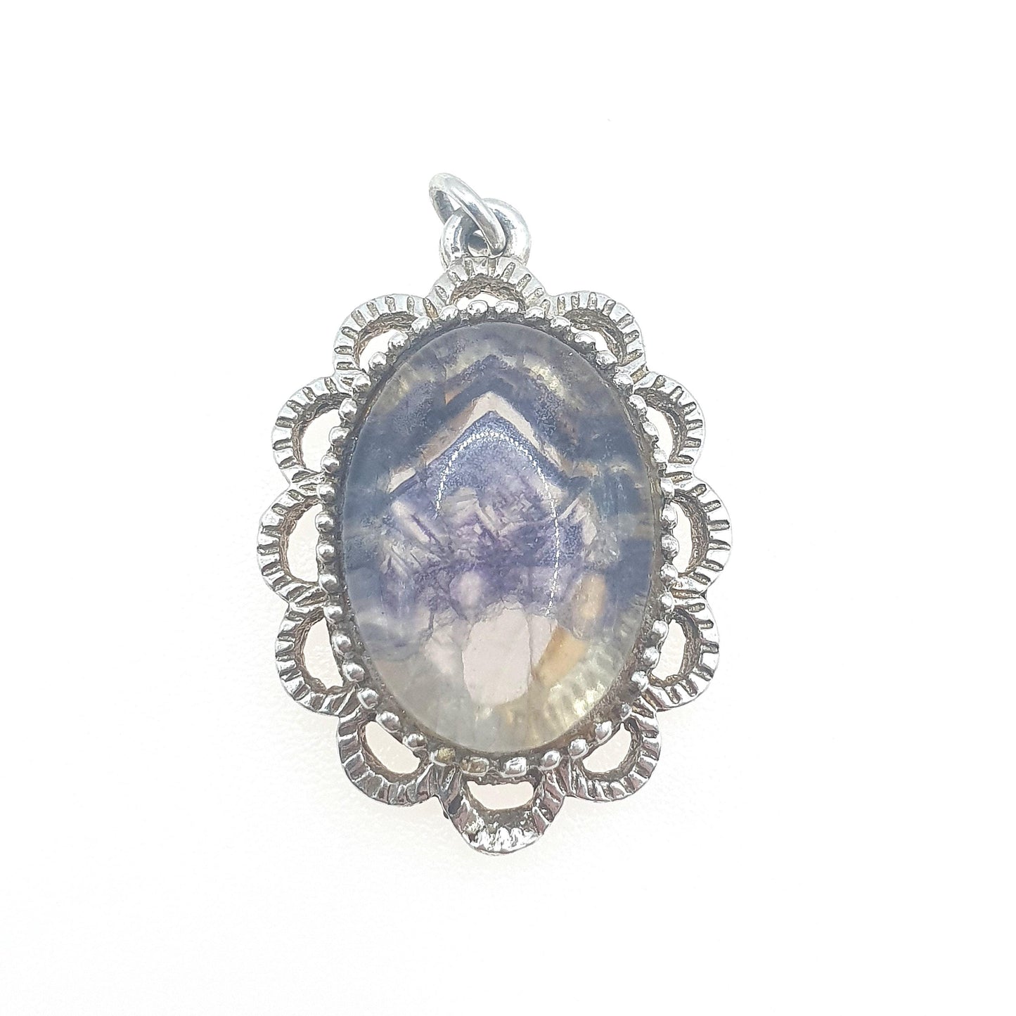 Vintage Sterling Silver Blue John Pendant Necklace Doublet Gemstone Flourite Charm Border Womens Mens Rare Gemstone Retro Jewelry