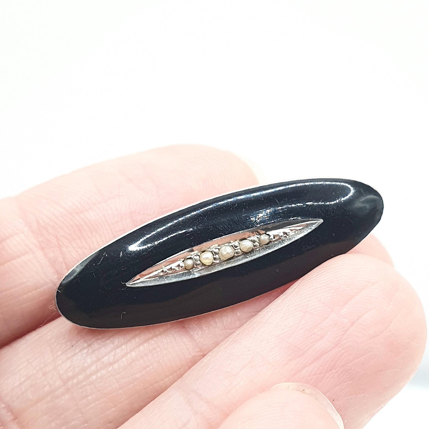 Antique Victorian Sterling Silver Black Enamel Brooch Seed Pearl Mourning Jewelry Ladies Womens Jewelry Jewellery