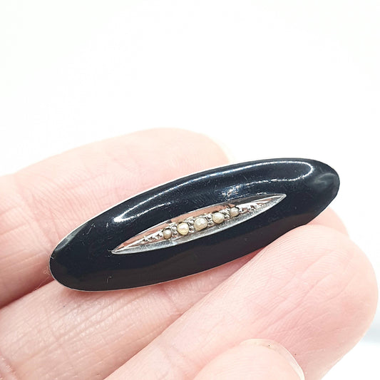 Antique Victorian Sterling Silver Black Enamel Brooch Seed Pearl Mourning Jewelry Ladies Womens Jewelry Jewellery
