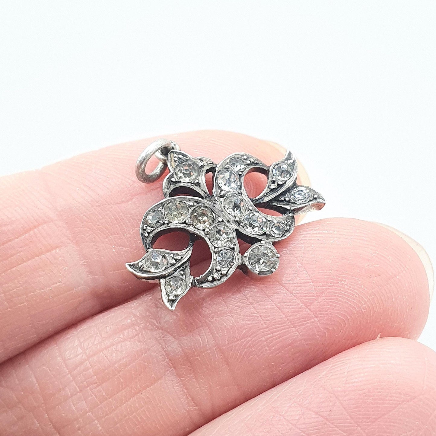 Antique Victorian Solid Silver Diamond Paste Pendant Art Nouveau Scroll Small Necklace Womens Jewelry Jewellery