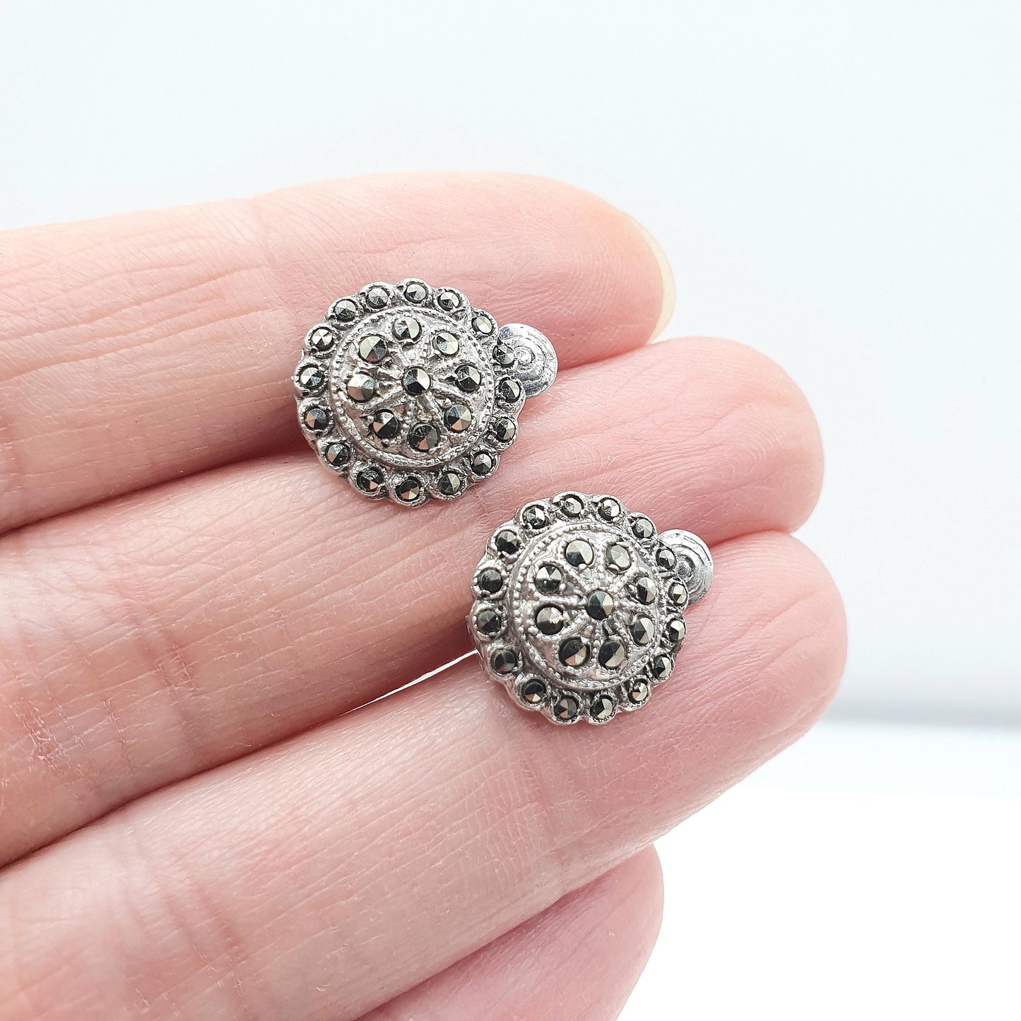 Antique Art Deco Solid Silver Star Earrings Marcasite Dome Clip On 1920s Flapper Womens Ladies Jewelry Jewellery