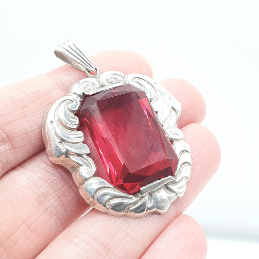 Old Vintage Solid Silver Ruby Paste Pendant Swedish Hallmark Art Nouveau Style Large Big Red Glass Jewelry Jewellery
