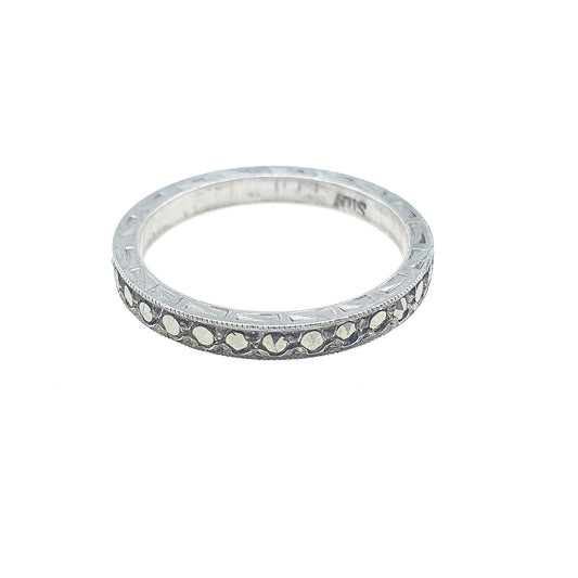 Antique Art Deco Solid Silver Marcasite Full Eternity Ring Engraved Flats Band Stacker Vintage Jewelry Jewellery