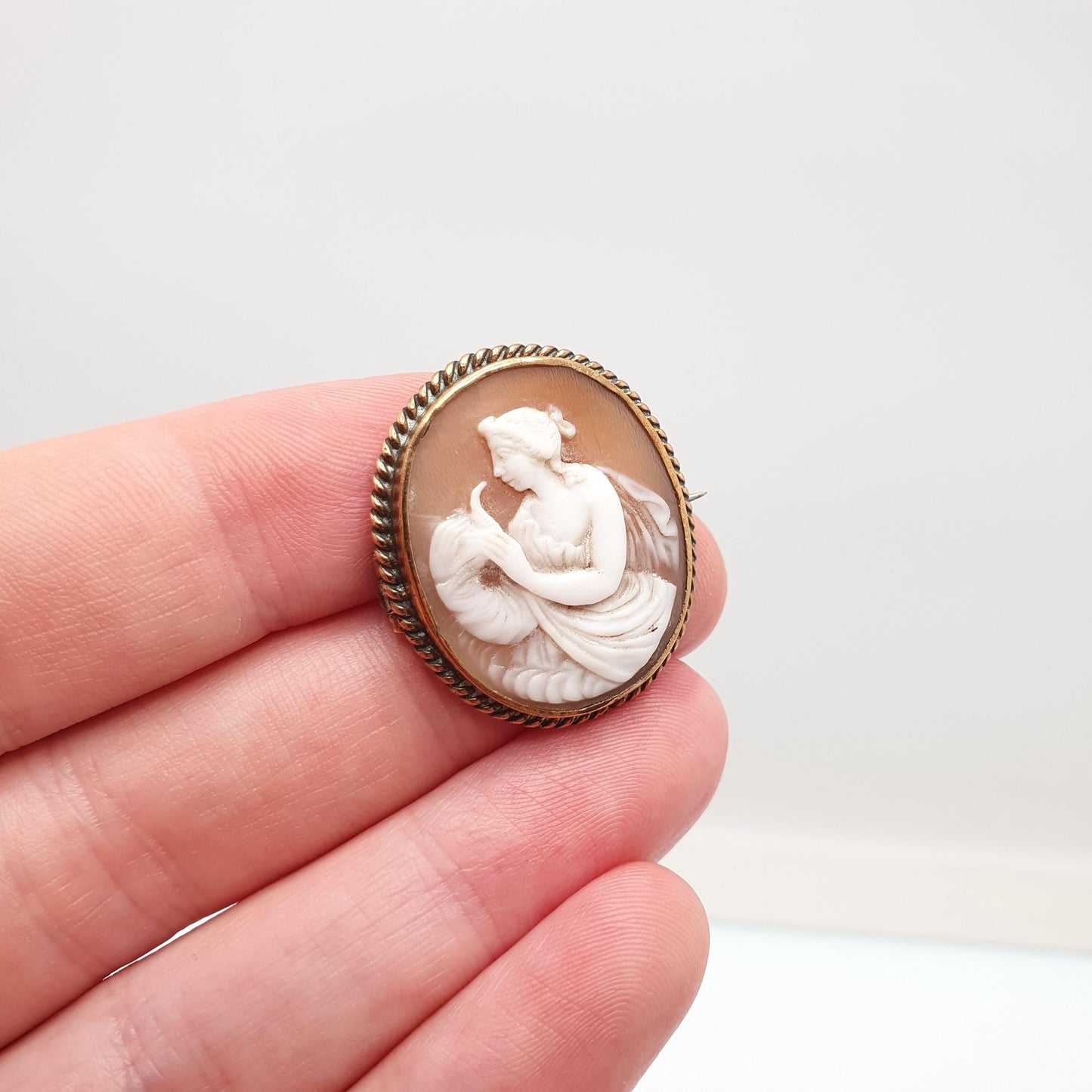 Antique Victorian Cameo Brooch Aphrodite Lady with a Bird Pendant Rolled Gold Filled Hand Carved Shell Vintage Jewelry Jewellery