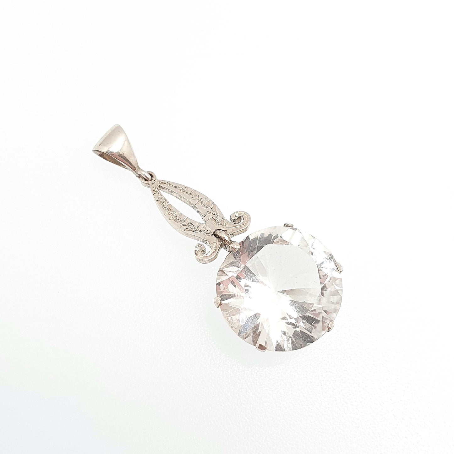 Antique Solid Silver White Sapphire Pendant Necklace White Gemstone Large Big Round Cut Drop Hanging Genuine Vintage