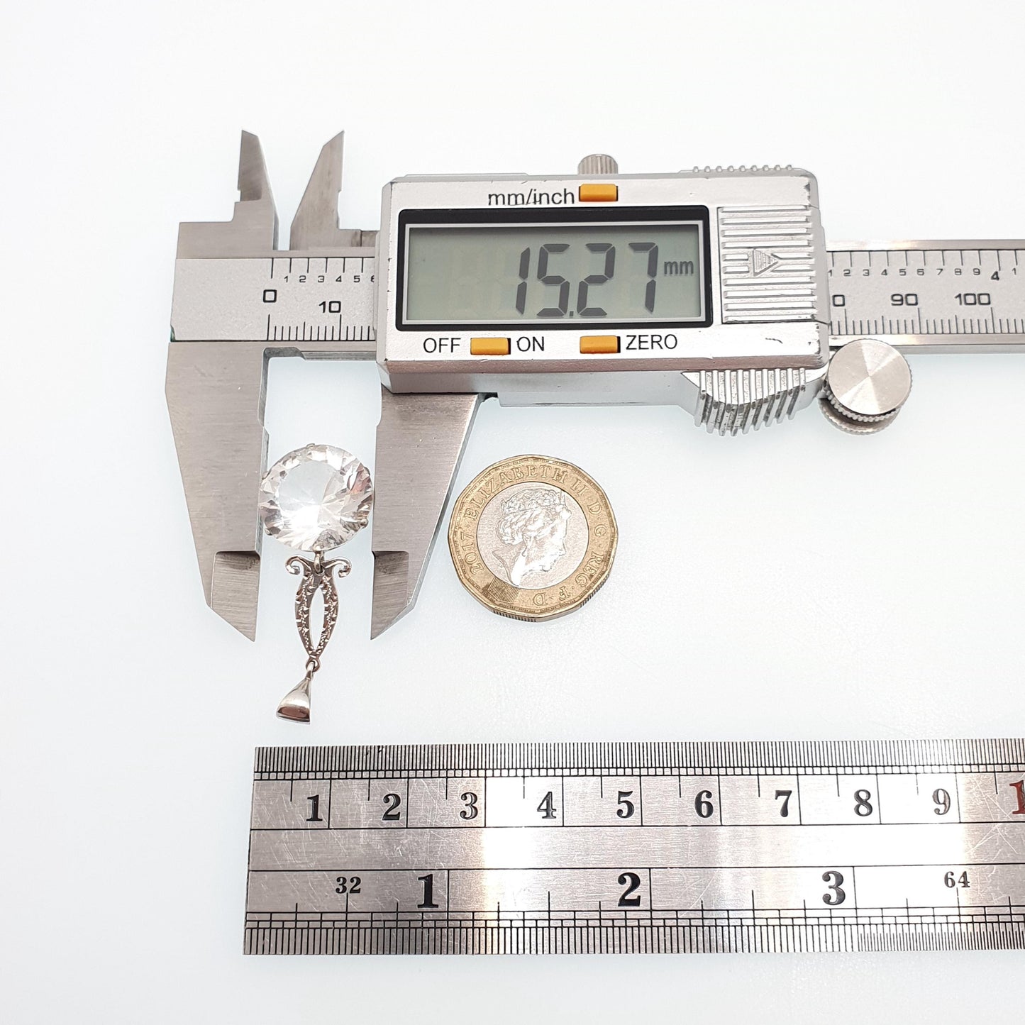 Antique Solid Silver White Sapphire Pendant Necklace White Gemstone Large Big Round Cut Drop Hanging Genuine Vintage