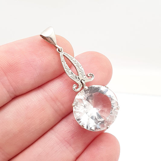 Antique Solid Silver White Sapphire Pendant Necklace White Gemstone Large Big Round Cut Drop Hanging Genuine Vintage