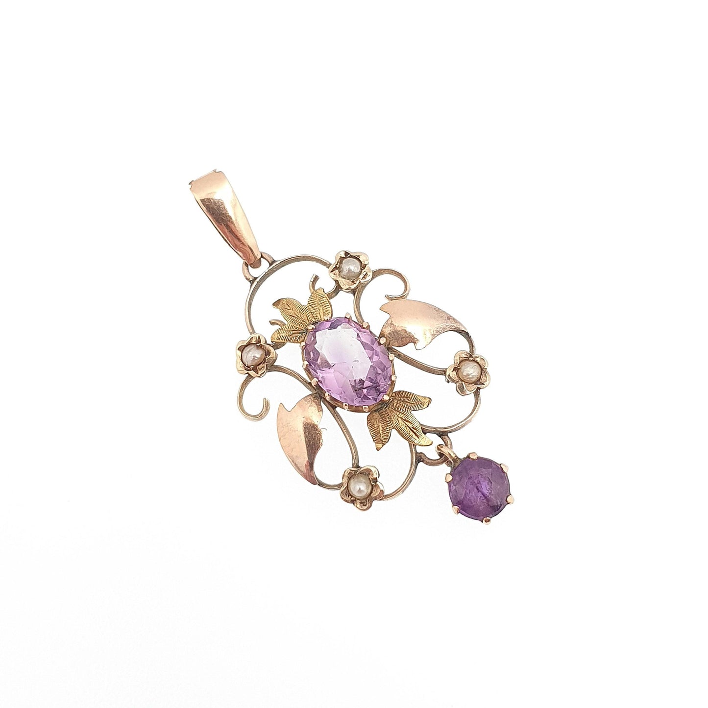 Antique 9ct Gold Amethyst Seed Pearl Pendant Necklace Brooch Edwardian Solid 375 Openwork Art Nouveau Vintage Jewellery Jewelry