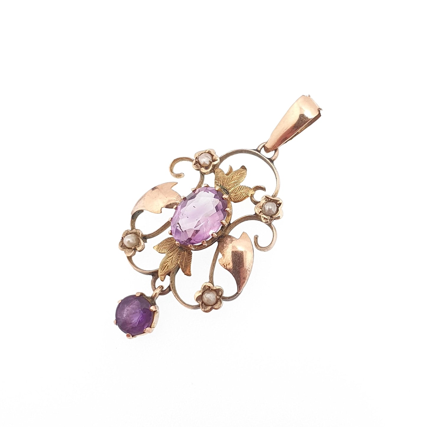 Antique 9ct Gold Amethyst Seed Pearl Pendant Necklace Brooch Edwardian Solid 375 Openwork Art Nouveau Vintage Jewellery Jewelry