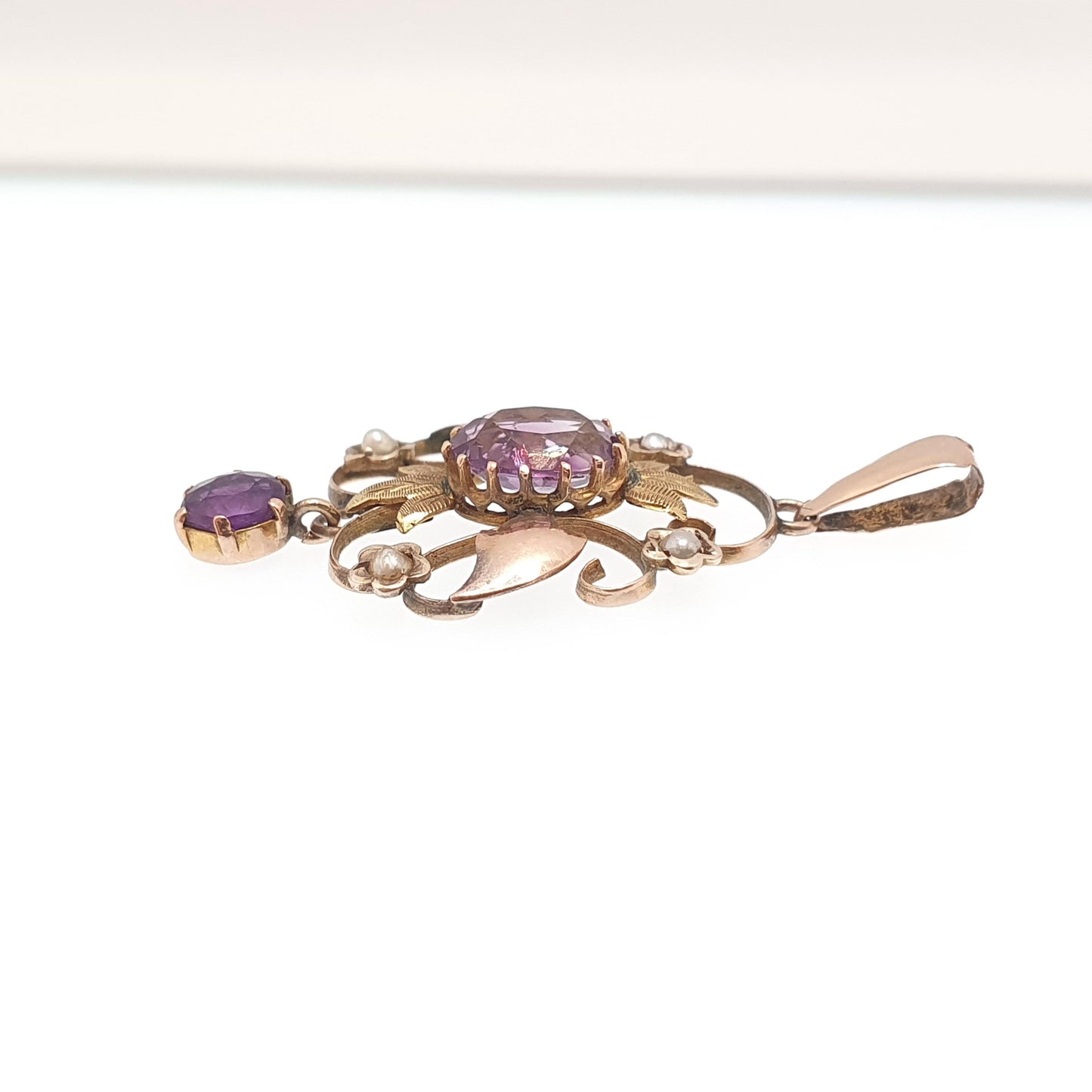 Antique 9ct Gold Amethyst Seed Pearl Pendant Necklace Brooch Edwardian Solid 375 Openwork Art Nouveau Vintage Jewellery Jewelry