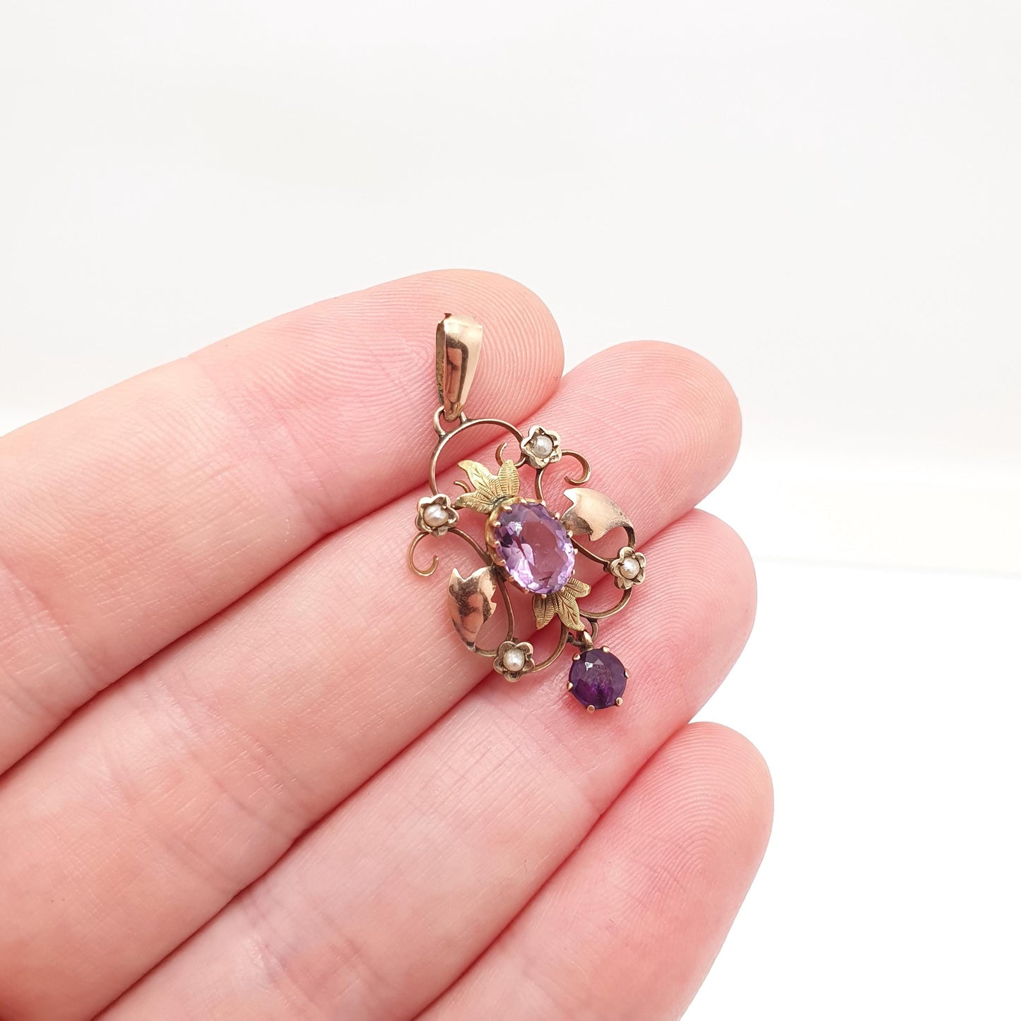 Antique 9ct Gold Amethyst Seed Pearl Pendant Necklace Brooch Edwardian Solid 375 Openwork Art Nouveau Vintage Jewellery Jewelry