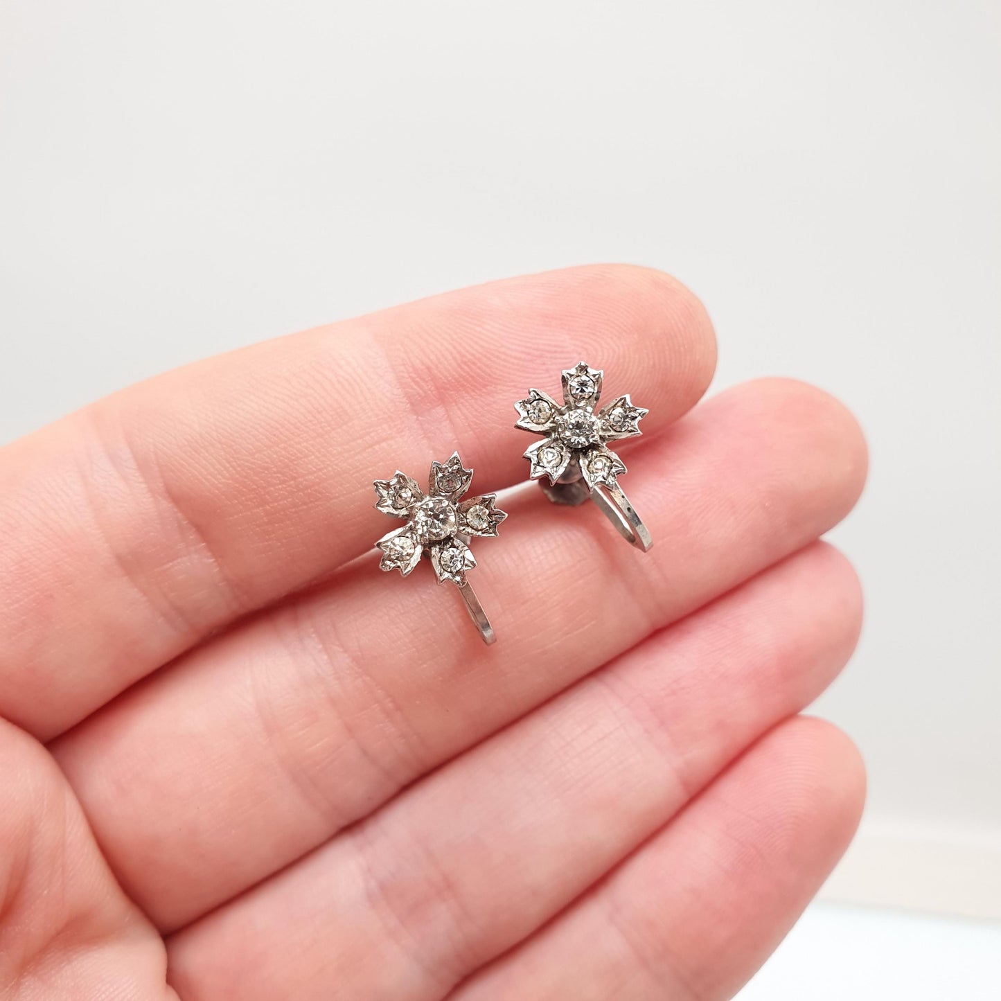 Antique Sterling Silver Diamond Paste Flower Earrings Art Deco SCP Ciro 1920s Vintage Sparkly Jewelry Jewellery