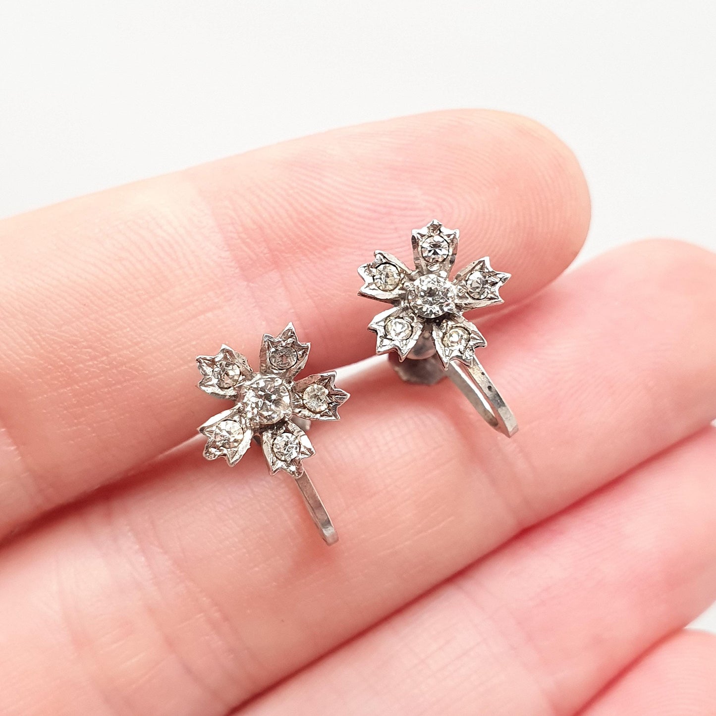 Antique Sterling Silver Diamond Paste Flower Earrings Art Deco SCP Ciro 1920s Vintage Sparkly Jewelry Jewellery