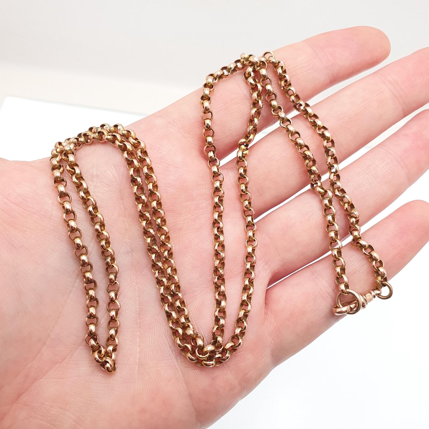 Antique Victorian 9ct Gold Belcher Chain Necklace Long Guard Solid 9k 375 Rose Gold Dog Clip 73cm 16.08g Vintage Jewelry Jewellery