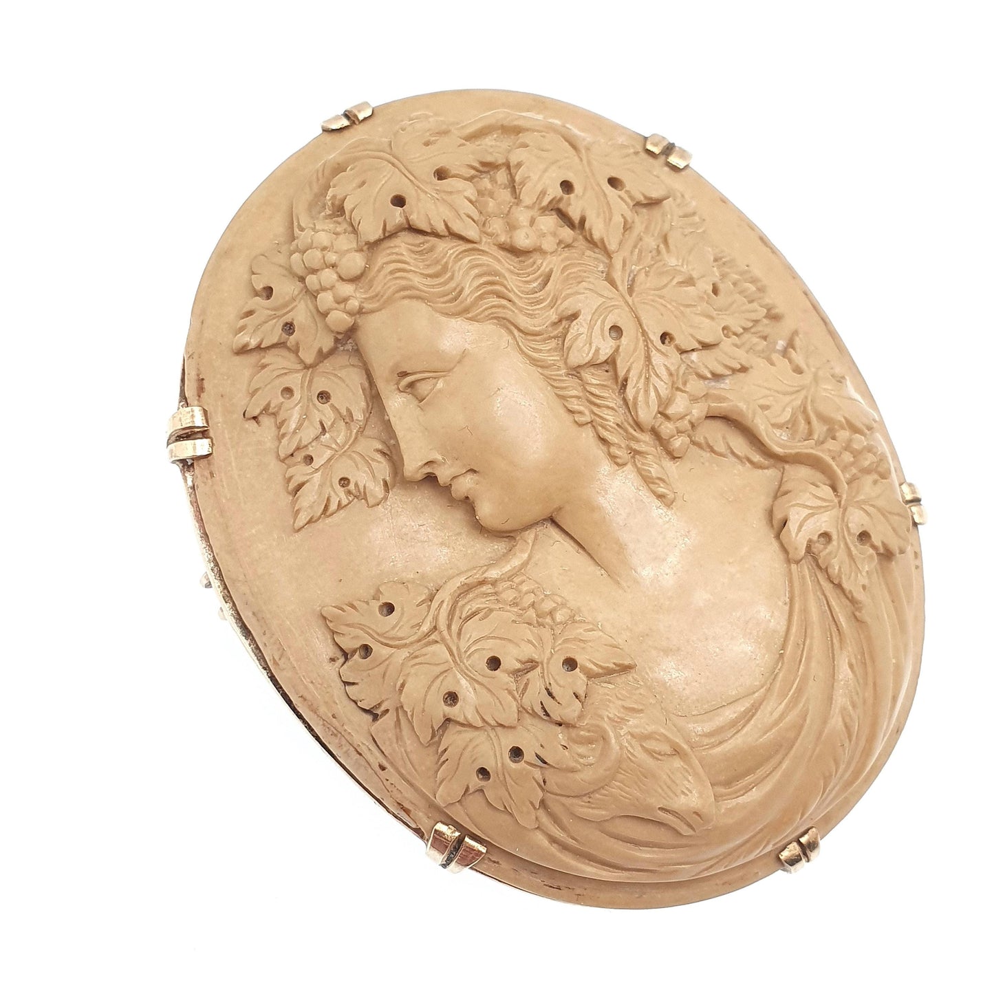 Antique 9ct Gold Lava Cameo Brooch Very Large Solid 9k 9kt High Relief Goddess Ram Goat Grapes Italian Jewelry Jewellery