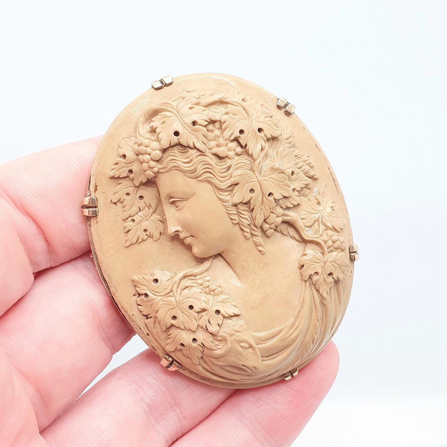 Antique 9ct Gold Lava Cameo Brooch Very Large Solid 9k 9kt High Relief Goddess Ram Goat Grapes Italian Jewelry Jewellery