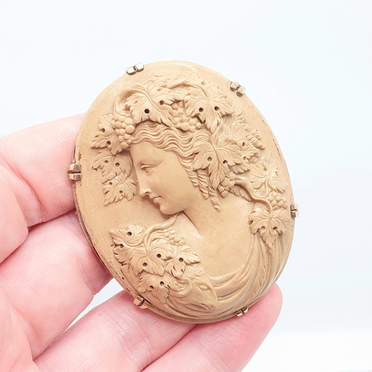 Antique 9ct Gold Lava Cameo Brooch Very Large Solid 9k 9kt High Relief Goddess Ram Goat Grapes Italian Jewelry Jewellery