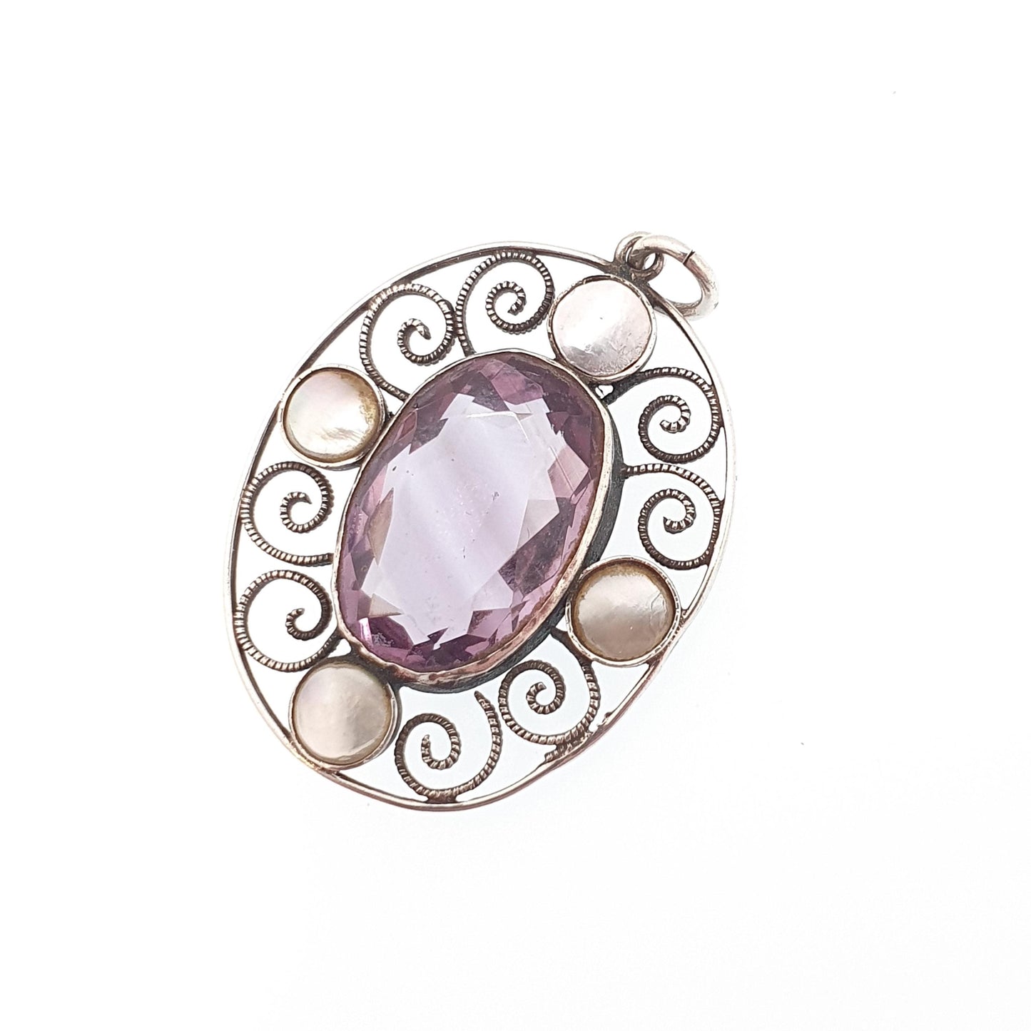 Antique Solid Silver Natural Amethyst Pendant Necklace Art and Crafts Mother of Pearl Oval Genuine Real Vintage Jewelry