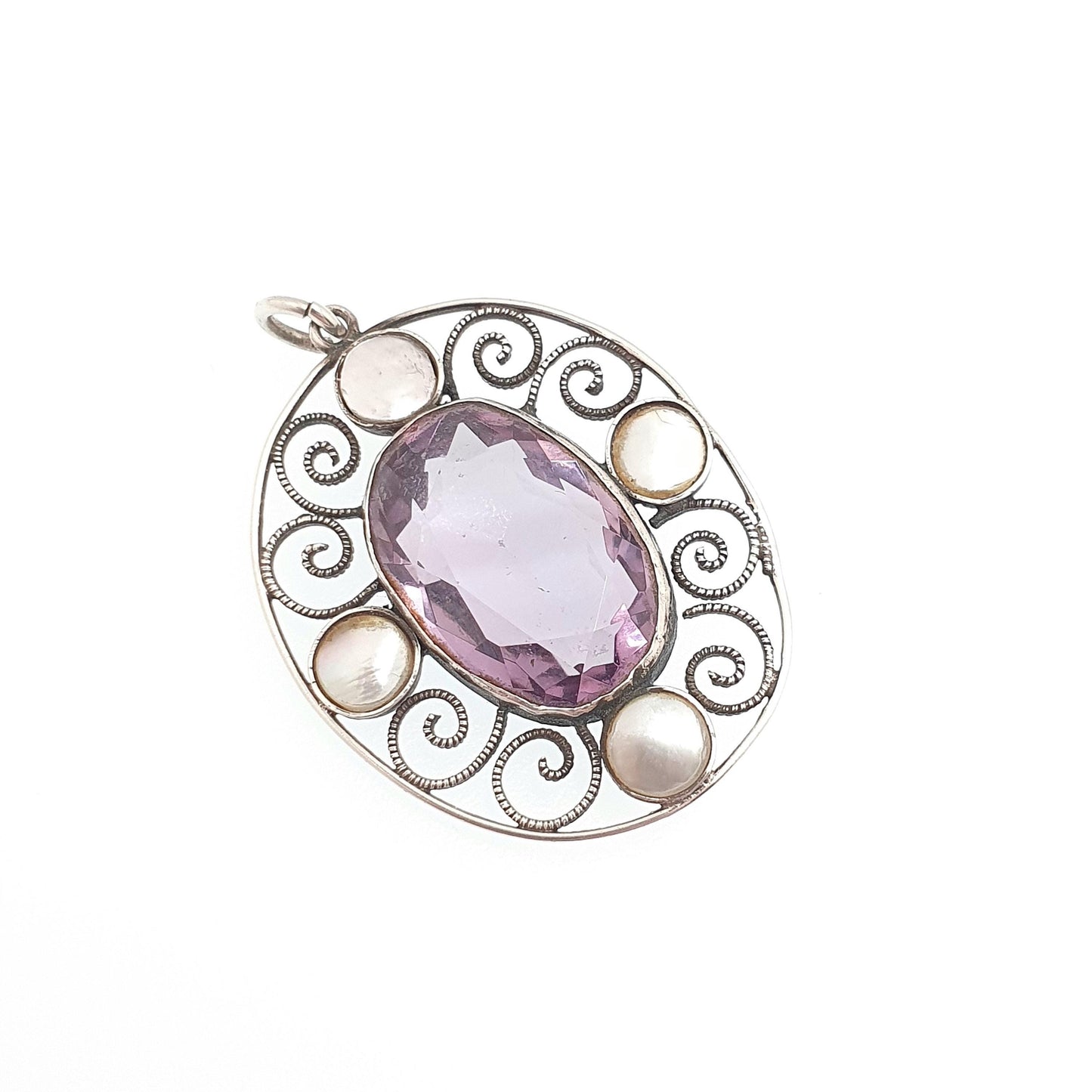 Antique Solid Silver Natural Amethyst Pendant Necklace Art and Crafts Mother of Pearl Oval Genuine Real Vintage Jewelry