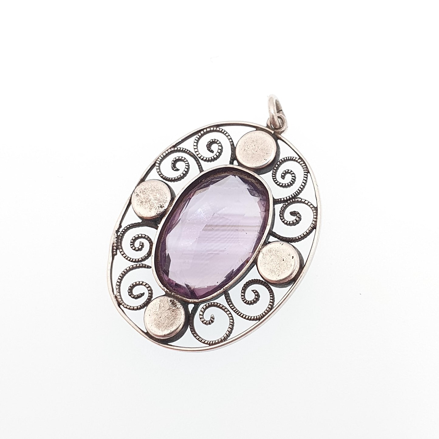Antique Solid Silver Natural Amethyst Pendant Necklace Art and Crafts Mother of Pearl Oval Genuine Real Vintage Jewelry