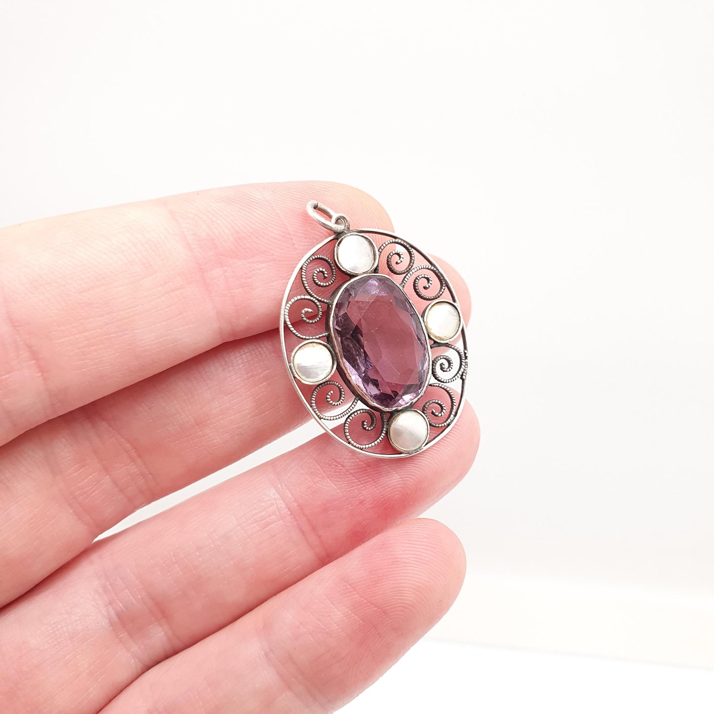 Antique Solid Silver Natural Amethyst Pendant Necklace Art and Crafts Mother of Pearl Oval Genuine Real Vintage Jewelry
