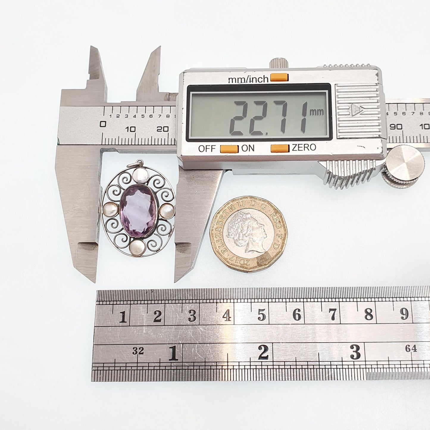 Antique Solid Silver Natural Amethyst Pendant Necklace Art and Crafts Mother of Pearl Oval Genuine Real Vintage Jewelry