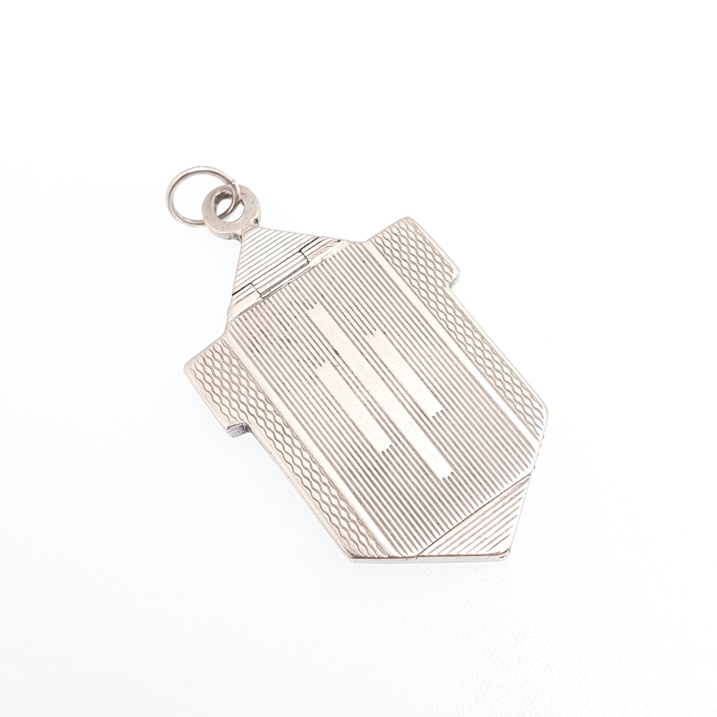 Antique Solid Silver Locket Art Deco Geometric Pattern Arrow Necklace Pendant Fine 1920s Picture Photo Jewelry Vintage Jewellery